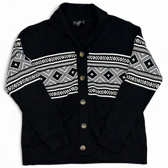 Mountain Ridge Black Cardigan Abstract Knit Sz L Cozy Eclectic Cabincore Cotton - Picture 1 of 5